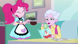 Size: 1920x1080 | Tagged: safe, screencap, character:pinkie pie, episode:five stars, g4, my little pony:equestria girls, coffee, coffee mug, mug, server pinkie pie, smiling, sour persimmon