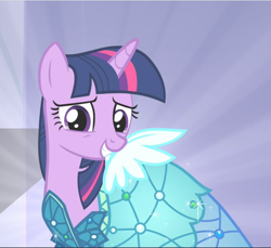 Size: 1028x941 | Tagged: safe, screencap, character:twilight sparkle, character:twilight sparkle (alicorn), species:alicorn, species:pony, episode:canterlot boutique, g4, my little pony: friendship is magic, clothing, cropped, dress, light, princess dress, smiling, solo