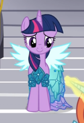 Size: 356x518 | Tagged: safe, screencap, character:sassy saddles, character:twilight sparkle, character:twilight sparkle (alicorn), species:alicorn, species:pony, episode:canterlot boutique, g4, my little pony: friendship is magic, clothing, cropped, dress, glowing horn, offscreen character, princess dress, smiling, solo focus