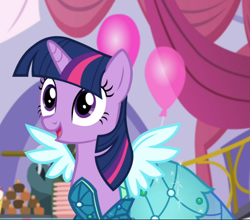 Size: 1068x938 | Tagged: safe, screencap, character:twilight sparkle, character:twilight sparkle (alicorn), species:alicorn, species:pony, episode:canterlot boutique, g4, my little pony: friendship is magic, clothing, cropped, dress, open mouth, princess dress, smiling, solo