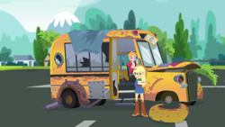 Size: 1920x1080 | Tagged: safe, screencap, character:applejack, character:big mcintosh, episode:get the show on the road, eqg summertime shorts, g4, my little pony:equestria girls, ashamed, bus, parking lot, school bus, the rainbooms tour bus, wreck