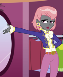 Size: 838x1022 | Tagged: safe, screencap, character:prim hemline, episode:display of affection, g4, my little pony:equestria girls, arm behind back, belt, clothing, cropped, ear piercing, earring, female, jewelry, lipstick, pants, piercing, solo