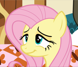 Size: 1083x939 | Tagged: safe, screencap, character:fluttershy, character:harry, species:pegasus, species:pony, episode:scare master, g4, my little pony: friendship is magic, cropped, female, lidded eyes, mare, smiling, solo