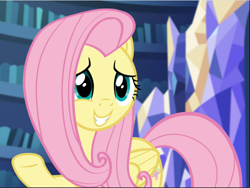 Size: 1253x942 | Tagged: safe, screencap, character:fluttershy, species:pegasus, species:pony, episode:scare master, g4, my little pony: friendship is magic, cropped, cute, female, mare, raised hoof, shyabetes, smiling, solo