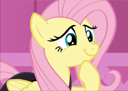Size: 1311x939 | Tagged: safe, screencap, character:fluttershy, species:pegasus, species:pony, episode:scare master, g4, my little pony: friendship is magic, clothing, cropped, cute, female, hoof on chin, mare, raised hoof, shyabetes, smiling, solo