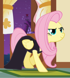 Size: 652x732 | Tagged: safe, screencap, character:fluttershy, species:pegasus, species:pony, episode:scare master, g4, my little pony: friendship is magic, clothing, costume, cropped, door, evil grin, female, grin, mare, smiling, solo