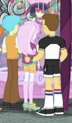 Size: 167x284 | Tagged: safe, screencap, character:bright idea, character:fleur-de-lis, episode:display of affection, g4, my little pony:equestria girls, background human, bright idea, clothing, cropped, female, male, pants, rear view, shoes, shorts, socks, teddy t. touchdown