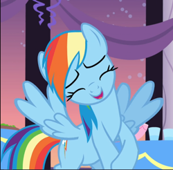 Size: 956x939 | Tagged: safe, screencap, character:rainbow dash, species:pegasus, species:pony, episode:rarity investigates, g4, my little pony: friendship is magic, bashful, cropped, cute, dashabetes, eyes closed, female, mare, open mouth, smiling, solo, spread wings, wings