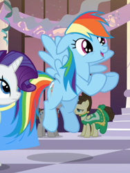 Size: 627x833 | Tagged: safe, screencap, character:fine line, character:rainbow dash, character:rarity, character:star gazer, species:pegasus, species:pony, species:unicorn, episode:rarity investigates, g4, my little pony: friendship is magic, cropped, cute, dashabetes, female, floppy ears, flying, mare, open mouth, solo focus, spread wings, starry eyes, wingding eyes, wings
