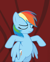Size: 612x759 | Tagged: safe, screencap, character:rainbow dash, species:pegasus, species:pony, episode:rarity investigates, g4, my little pony: friendship is magic, bipedal, cropped, curtain, eyes closed, female, mare, solo