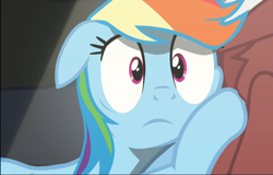 Size: 1468x939 | Tagged: safe, screencap, character:rainbow dash, species:pegasus, species:pony, episode:rarity investigates, g4, my little pony: friendship is magic, cheek squish, close-up, cropped, female, floppy ears, mare, solo focus, squishy cheeks, wide eyes, worried