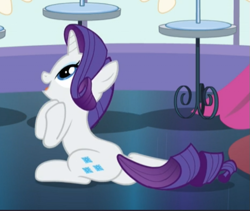 Size: 609x513 | Tagged: safe, screencap, character:rarity, species:pony, species:unicorn, episode:rarity investigates, g4, my little pony: friendship is magic, cropped, cute, female, hooves together, kneeling, looking up, mare, open mouth, raribetes, smiling, solo