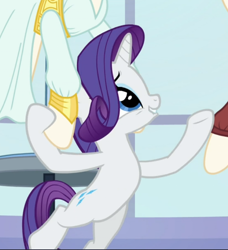 Size: 716x785 | Tagged: safe, screencap, character:rarity, species:pony, species:unicorn, episode:rarity investigates, g4, my little pony: friendship is magic, bipedal, clothing, cropped, dress, female, looking up, mannequin, mare, raised hoof, solo