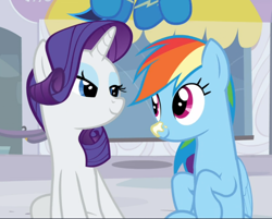 Size: 1066x858 | Tagged: safe, screencap, character:rainbow dash, character:rarity, character:soarin', species:pegasus, species:pony, species:unicorn, episode:rarity investigates, g4, my little pony: friendship is magic, cropped, cute, dashabetes, duo focus, female, lidded eyes, looking at each other, mare, raribetes, sitting, smiling, sunscreen