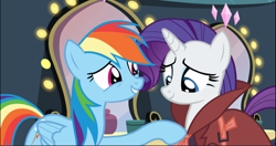 Size: 1671x879 | Tagged: safe, screencap, character:rainbow dash, character:rarity, species:pegasus, species:pony, species:unicorn, episode:rarity investigates, g4, my little pony: friendship is magic, cropped, duo, female, mare, raised hoof, smiling