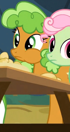 Size: 299x559 | Tagged: safe, screencap, character:apple brown betty, character:florina tart, species:earth pony, species:pony, episode:apple family reunion, g4, my little pony: friendship is magic, animated, apple family member, background pony, chewing, eating, female, mare, puffy cheeks