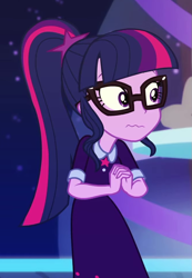 Size: 663x960 | Tagged: safe, screencap, character:twilight sparkle, character:twilight sparkle (scitwi), species:eqg human, episode:twilight under the stars, g4, my little pony:equestria girls, cropped, female, glasses, nervous, ponytail, solo, wavy mouth