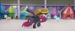 Size: 1920x802 | Tagged: safe, screencap, character:tempest shadow, species:pony, my little pony: the movie (2017), acrobatics, armor, background pony, broken horn, canterlot, eye scar, female, friendship festival, galloping, hoof shoes, horn, jumping, male, mare, market, mohawk, obsidian orb, running, scar, stallion, underhoof, unnamed pony