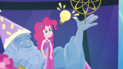 Size: 1920x1080 | Tagged: safe, screencap, character:pinkie pie, character:star swirl the bearded, episode:twilight under the stars, g4, my little pony:equestria girls, astrolabe, bare shoulders, lightbulb, sleeveless, statue of star swirl, strapless