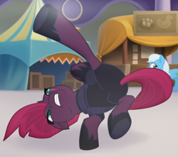 Size: 670x591 | Tagged: safe, screencap, character:tempest shadow, species:earth pony, species:pony, species:unicorn, my little pony: the movie (2017), acrobatics, background pony, broken horn, cropped, eye scar, female, horn, kicking, mare, scar, solo focus, underhoof, unnamed pony