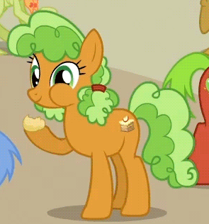 Size: 295x316 | Tagged: safe, screencap, character:apple brown betty, character:apple cinnamon, character:apple squash, character:apple strudel, character:granny smith, character:red delicious, character:sweet tooth, episode:apple family reunion, g4, my little pony: friendship is magic, animated, apple family member, apple fritter (food), chewing, eating, nom