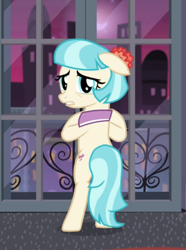 Size: 575x772 | Tagged: safe, screencap, character:coco pommel, species:pony, episode:made in manehattan, g4, my little pony: friendship is magic, bipedal, cropped, doors, floppy ears, looking at you, looking back, looking back at you, rear view, solo, worried