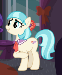 Size: 635x776 | Tagged: safe, screencap, character:coco pommel, species:earth pony, species:pony, episode:made in manehattan, g4, my little pony: friendship is magic, cropped, female, mare, raised hoof, smiling, solo