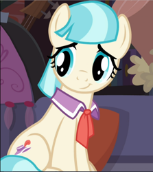 Size: 838x941 | Tagged: safe, screencap, character:coco pommel, species:pony, episode:made in manehattan, g4, my little pony: friendship is magic, cocobetes, cropped, cute, sitting, smiling, solo