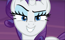 Size: 1516x941 | Tagged: safe, screencap, character:rarity, species:pony, species:unicorn, episode:made in manehattan, g4, my little pony: friendship is magic, close-up, cropped, female, lidded eyes, looking at you, mare, raised eyebrow, smiling, smirk, smug, solo