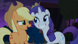 Size: 1667x938 | Tagged: safe, screencap, character:applejack, character:rarity, species:earth pony, species:pony, species:unicorn, episode:made in manehattan, g4, my little pony: friendship is magic, big smile, cropped, duo, female, freckles, grin, looking at each other, mare, open mouth, smiling, teeth