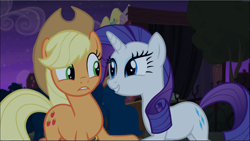 Size: 1669x941 | Tagged: safe, screencap, character:applejack, character:rarity, species:earth pony, species:pony, species:unicorn, episode:made in manehattan, g4, my little pony: friendship is magic, applejack's hat, clothing, cowboy hat, cropped, duo, excited, female, hat, looking at each other, mare, raised hoof, smiling