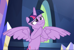 Size: 1317x893 | Tagged: safe, screencap, character:twilight sparkle, character:twilight sparkle (alicorn), species:alicorn, species:pony, episode:made in manehattan, g4, my little pony: friendship is magic, cropped, cute, flying, hooves together, hopeful, smiling, solo, spread wings, twiabetes, wings