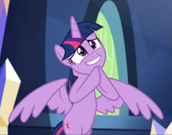 Size: 1135x889 | Tagged: safe, screencap, character:twilight sparkle, character:twilight sparkle (alicorn), species:alicorn, species:pony, episode:made in manehattan, g4, my little pony: friendship is magic, cropped, cute, flying, hind legs, hooves together, hopeful, smiling, solo, spread wings, teeth, twiabetes, wings
