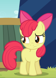 Size: 669x938 | Tagged: safe, screencap, character:apple bloom, species:earth pony, species:pony, episode:brotherhooves social, g4, my little pony: friendship is magic, bow, cropped, female, filly, hair bow, solo, worried