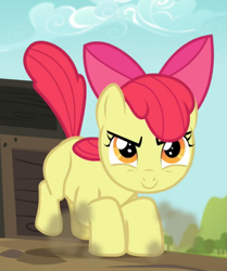 Size: 701x840 | Tagged: safe, screencap, character:apple bloom, species:earth pony, species:pony, episode:brotherhooves social, g4, my little pony: friendship is magic, bow, cropped, determined, female, filly, hair bow, landing, smiling, solo