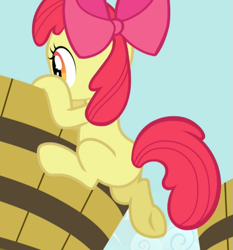 Size: 799x858 | Tagged: safe, screencap, character:apple bloom, species:earth pony, species:pony, episode:brotherhooves social, g4, my little pony: friendship is magic, bow, climbing, cropped, female, filly, hair bow, rear view, solo, underhoof