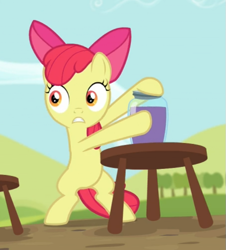 Size: 589x651 | Tagged: safe, screencap, character:apple bloom, species:earth pony, species:pony, episode:brotherhooves social, g4, my little pony: friendship is magic, bipedal, bow, cropped, female, filly, grape juice, hair bow, holding, jar, juice, solo, stool