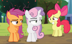 Size: 1526x939 | Tagged: safe, screencap, character:apple bloom, character:scootaloo, character:sweetie belle, species:earth pony, species:pegasus, species:pony, species:unicorn, episode:brotherhooves social, g4, my little pony: friendship is magic, awkward smile, bow, cropped, cutie mark crusaders, female, filly, hair bow, lidded eyes, looking at each other, trio, unamused