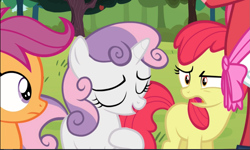 Size: 1371x823 | Tagged: safe, screencap, character:apple bloom, character:scootaloo, character:sweetie belle, species:earth pony, species:pegasus, species:pony, species:unicorn, episode:brotherhooves social, g4, my little pony: friendship is magic, confused, cropped, cutie mark crusaders, eyes closed, female, filly, offscreen character, open mouth, proud, shocked, trio focus