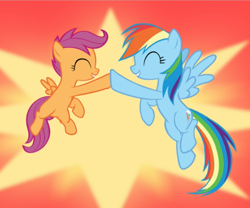 Size: 987x823 | Tagged: safe, screencap, character:rainbow dash, character:scootaloo, species:pegasus, species:pony, episode:brotherhooves social, g4, my little pony: friendship is magic, cropped, cute, cutealoo, dashabetes, eyes closed, female, filly, flying, hoofbump, mare, midair, scootalove, smiling, spread wings, wings