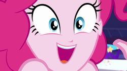 Size: 1920x1080 | Tagged: safe, screencap, character:pinkie pie, episode:twilight under the stars, g4, my little pony:equestria girls, bare shoulders, breaking the fourth wall, close-up, cute, diapinkes, face, fourth wall, sleeveless, smiley face, smiling, strapless