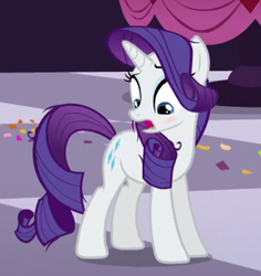 Size: 385x408 | Tagged: safe, screencap, character:rarity, species:pony, species:unicorn, episode:make new friends but keep discord, g4, my little pony: friendship is magic, blushing, cropped, embarrassed, female, gala, looking down, mare, messy mane, messy tail, open mouth, solo, we don't normally wear clothes