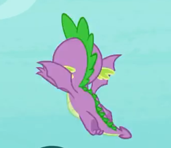 Size: 337x291 | Tagged: safe, screencap, character:spike, species:dragon, episode:molt down, g4, my little pony: friendship is magic, season 8, claws, cropped, flying, male, rear view, solo, tail, winged spike, wings