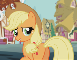 Size: 1211x938 | Tagged: safe, screencap, character:applejack, species:earth pony, species:pony, episode:crusaders of the lost mark, g4, my little pony: friendship is magic, cropped, crying, female, looking back, mare, plot, raised hoof, rear view, smiling, solo, tears of joy, teary eyes