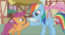 Size: 1645x903 | Tagged: safe, screencap, character:rainbow dash, character:scootaloo, species:pegasus, species:pony, episode:crusaders of the lost mark, g4, my little pony: friendship is magic, duo, female, filly, hoofbump, looking at each other, mare, raised leg, scootalove, smiling