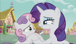 Size: 1626x941 | Tagged: safe, screencap, character:rarity, character:sweetie belle, species:pony, species:unicorn, episode:crusaders of the lost mark, g4, my little pony: friendship is magic, duo, female, holding hooves, lidded eyes, looking at each other, mare, sisters, smiling