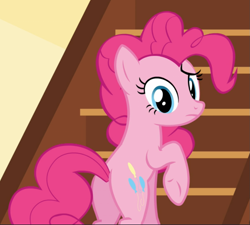Size: 1041x938 | Tagged: safe, screencap, character:pinkie pie, species:earth pony, species:pony, episode:the one where pinkie pie knows, g4, my little pony: friendship is magic, balloonbutt, butt, confused, cropped, female, looking at you, looking back, looking back at you, mare, plot, raised hoof, rear view, solo, stairs, underhoof