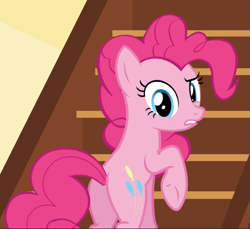 Size: 1025x939 | Tagged: safe, screencap, character:pinkie pie, species:earth pony, species:pony, episode:the one where pinkie pie knows, g4, my little pony: friendship is magic, balloonbutt, butt, confused, cropped, cutie mark, female, looking at you, looking back, looking back at you, mare, plot, raised eyebrow, raised hoof, rear view, solo, stairs, underhoof