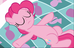Size: 1444x940 | Tagged: safe, screencap, character:pinkie pie, species:earth pony, species:pony, episode:the one where pinkie pie knows, g4, my little pony: friendship is magic, cropped, eyes closed, female, laying on bed, mare, solo