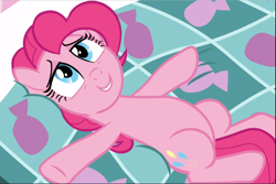 Size: 1403x940 | Tagged: safe, screencap, character:pinkie pie, species:earth pony, species:pony, episode:the one where pinkie pie knows, g4, my little pony: friendship is magic, belly, cropped, cute, diapinkes, female, laying on bed, lying down, mare, smiling, solo
